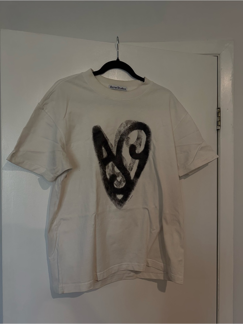 Acne White Short Sleeve Tee with Black Heart Graphic